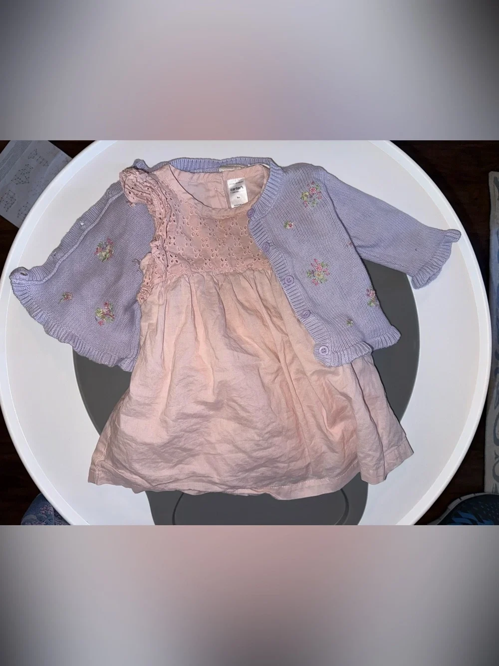 Little Treasures Lavender Knit Cardigan w/Floral Embroidery, Carters Pink Dress